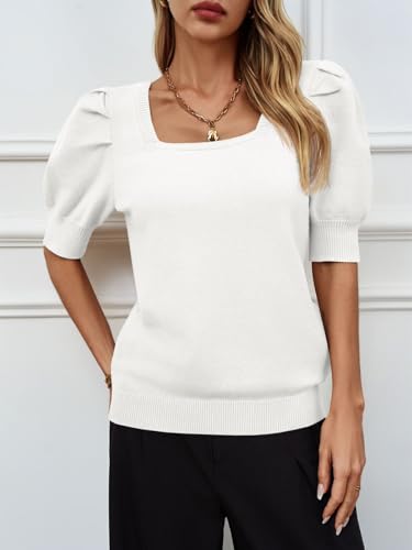Image of Womens Puff Short Sleeve Sweater Tops Square Neck Casual Knit Pullover | Dressy Casual Blouses,Fall Shirts,Fashion Summer Clothing,Cute Spring Outfits,Work Shirts
