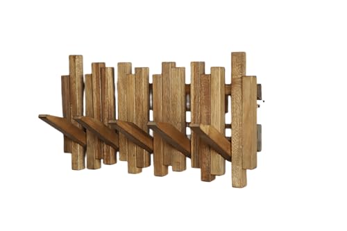 Image of Natural Wood Wall Mounted Piano Coat Rack| Coat Rack Wall Mount| Flip Down Wall Hook Rack 5 Hooks| Entryway Wall Art Hook,Made of Acacia Wood (Wood Wax Oil staining Light Brown).
