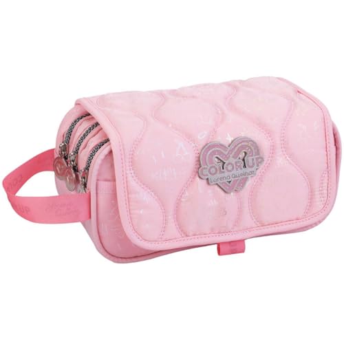 Estojo Escolar Infantil Triplo com 3 Compartimentos, Fecho em Zíper, Divisórias Espaçosas, Design Acolchoado com Alça Lateral, Material Resistente, Meninas (Rosa)