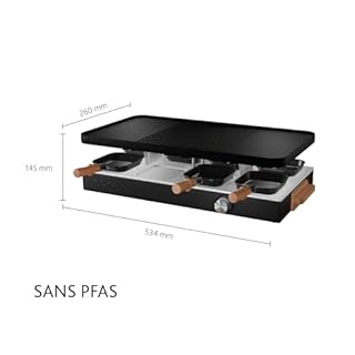 Boska Raclette Party – Appareil à raclette pour 8 personnes – Sans PFAS – Plaque en céramique – Poignées en bois de hêtre – Plaque en aluminium réversible – Noir