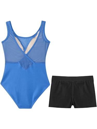 Girls Mesh V-Neck Sleeveless Leotard with Shorts for Dance Ballet Gymnastics Yoga Gym Activewear Set4