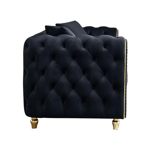 Image of KEIKI 86 inch Chesterfield Velvet Button Tufted Sofa with High Density Foam Cushions and 2 Toss Pillows, Modern Style 3-Seater Couch with Gold Strip Trim Decoration, Easy Assembly, for Living Room, Black