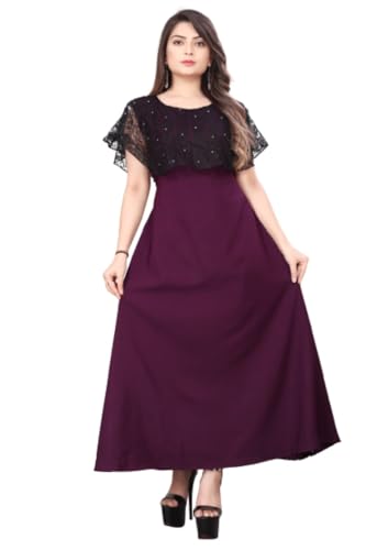 Image of Women's Poly Crepe Round Neck Plain Gown Dress