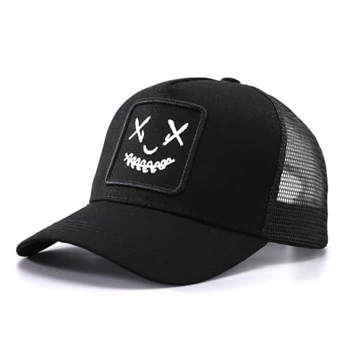 Embroidered Smiley Face Trucker Hat for Men Women - Unisex Smiling Expression Graphics Mesh Back Breathable Adjustable Snapback Cap - UV Protection Sun Snap Closure Hat for Summer Outdoor Activities