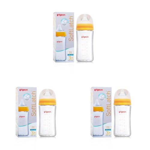 Image of Pigeon WN3 Glass Feeding Bottle 240ml with Yellow Nipple | BPA Free | Durable & Safe for Newborn Feeding (Pack of 3)