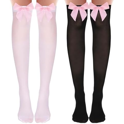 Hariendny 2 Pairs Black Thigh High Socks with Bow, White Sheer Stockings with Pink Bow, Satin Bow Stockings Women Knee Highs Stockings for Girls, Over Knee Long Stockings with Pink Bows Cover
