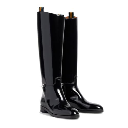 Women's Knee High Riding Boots - Pointed Toe Pull-On with Ankle Chain, Chunky 1" Heel & Patent Leather, All-Season Casual/Formal Dress Boots2