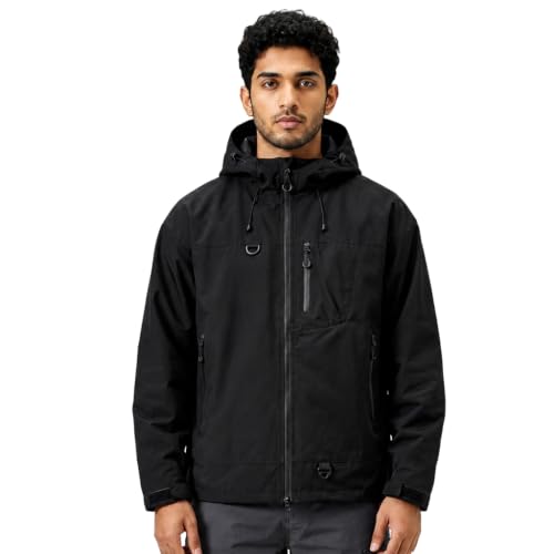 Image of Venzina Jacket for Men Winter with Hood Windproof Outdoor Shell | Features Lightweight Breathable Polyester Fabric for Hiking Cycling Travel and Daily Wear