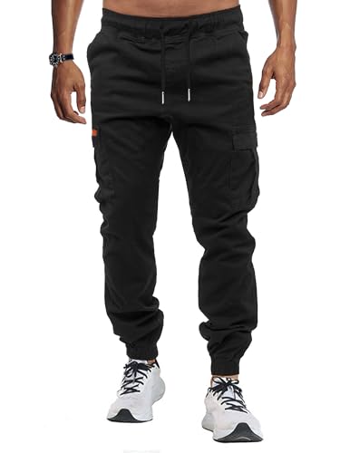 KUNJLELP Joggers for Men UK Multi-Pocket Design Mens Black Cargo Trousers for Casual Outdoor Hiking,Black 05,L