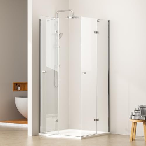 EMKE Duschkabine 80x80 cm Eckeinstieg Pendeltür mit Seitenwand, Duschabtrennung Duschtür Falttür Faltbar Drehfalttür Eckeinstieg Duschkabinen, 5mm Duschwand Glas Faltdusche Höhe 185 cm
