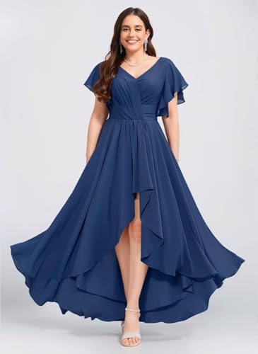 Women's Short Sleeves Bridesmaid Dresses 2025 Hi-Low Ruffled Chiffon Formal Evening Dress DE4574