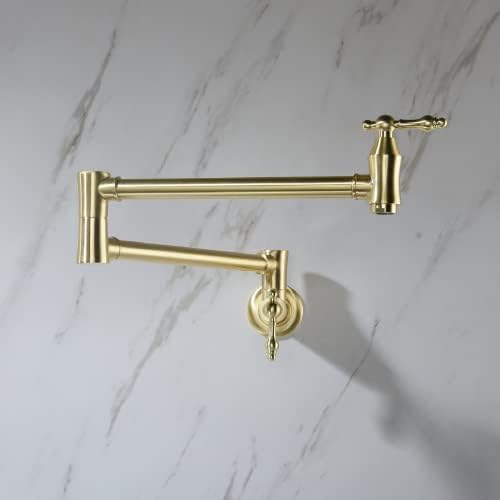 Pot Filler Faucet Wall Mounted, Brushed Gold Pot Filler Solid Brass Folding Sink Faucet with Double Joint Swing Arm and Single Hole 2 Handles