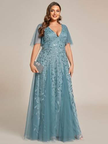 Image of Ever-Pretty Women's Sequin V Neck Plus Size Formal Dresses Evening Gown | Short Sleeve, A-Line, Empire Waist, Plus Size Mother of the Bride Dresses, Plus Size Gala Dress