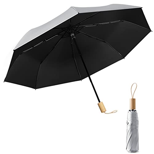XuanMax Handbuch Regenschirm mit Holzgriff 8 Rippen Winddicht Taschenschirm mit Silberne Titan Gel Beschichtung UV-Schutz Klappschirm Sonne/Regen Kompakt für Damen Herren Erwachsene Kinder - Schwarz Cover