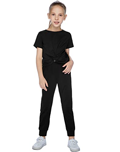 Arshiner Girls Black Outfits For Fall Autumn 2 Pcs Activewear Twist Front Top And Pants Set 6-7 Years Old #TOP1