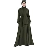 Khalat Women's Army Green Maxi Abaya Dress with Hijab Scarf, Lace Sleeve, Flowy, One Size, Solid, Daily, Versatile, All Seasons