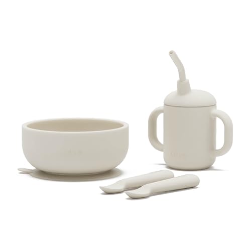 Image of Lalo First Bites Silicone Baby Feeding Set - Baby Led Weaning Supplies - Non-Toxic Silicone - Includes 2 Spoons, Training Cup, & Suction Bowl - 4 Pieces - Oatmeal