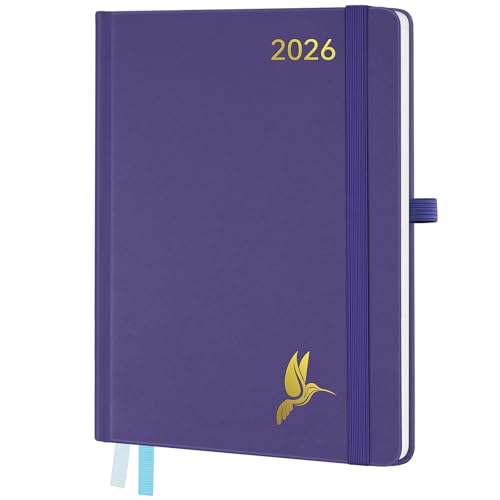 FEKSINO Kalender 2026 Buchkalender A4-28 6 x 21 cm 12-Monate Terminplaner (Jan.2026-Dez.2026) Wochenplaner 2026 1 Woche 2 Seiten mit Stifthalter 100 GSM Papier Lila