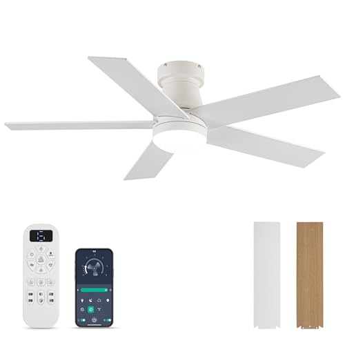 OURSTAR Ceiling Fans with Lights and Remote Control, White Low Profile Ceiling Fan with Light 3-Color LED Dimmable, Memory for Lighting and Fan Reversible, 6-Speed, Timer, Indoor/Outdoor Use, 47 Inch