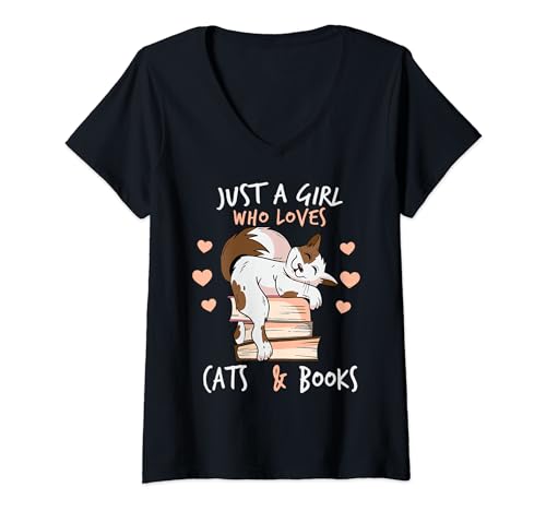 Just a Girl Who Loves Cats and Books Kids Girls Womens Camiseta Cuello V