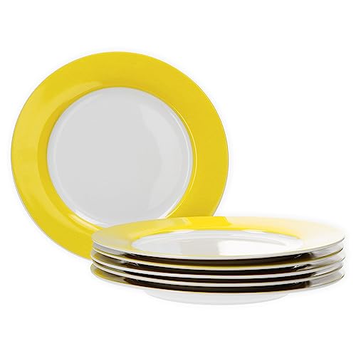Van Well Vario Set di 6 Piatti Piani per 6 Persone, Diametro 26,5 cm, Servizio in Porcellana Bianco Con Bordo Giallo, Adatto al Microonde