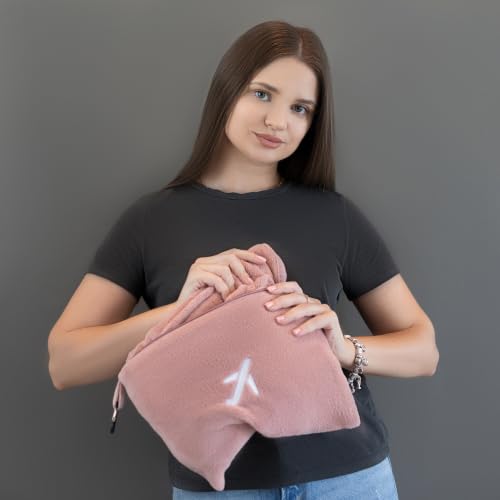 Image of BlueHills Travel Blanket Pillow in Mini Soft Case Premium Plush Airplane Blanket in Soft Bag Compact Pack with Luggage Belt and Backpack Clip - Dusty Rose Pink M02