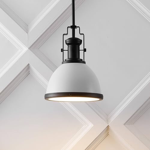 Image of JONATHAN Y Homer Industrial Dome Pendant 10 inch, White /Matte Black | 1-Light, Farmhouse Style, Adjustable Hanging Height, Glass Diffuser, Sloped Ceiling Compatible, Metal, LED Bulb Included