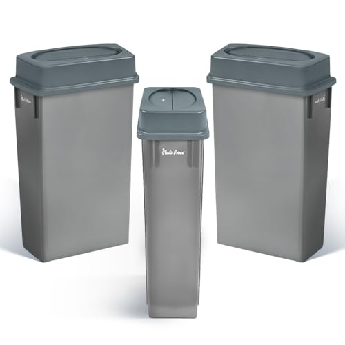 Image of PLASTIC PRINCE 23 Gallon Slim Trash Can with Swing Lid Commercial Gray Rectangular Garbage Can with Drop Shot Lid Waste Bin with Double Flip Top for Restaurant Home Kitchen Office 3 Pack