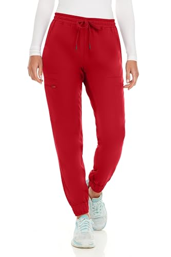 MediChic Women's Seven Pocket Cargo Scrub Pants Joggers with 4-Way Stretch Scrubs, Easy Care for Women Red