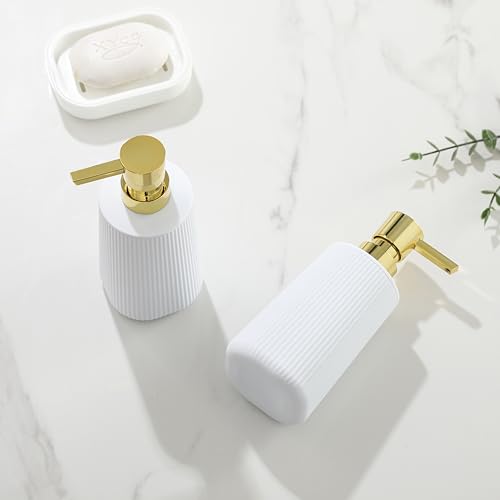 Image of Small Soap Dispenser for Bathroom and Kitchen, Modern Farmhouse Striped Style Plastic Hand Soap Dish Soap Dispenser with Pump Matte White and Gold