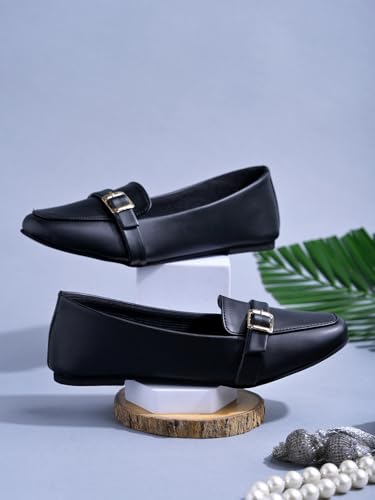 Image of Shoetopia Women's Elegant Bow Ballet Flats Designer Pattern Slip-On Shoes with Metal Buckle Accent & Comfort Sole