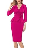 VFSHOW Womens 2024 Business Church Vintage Retro 50s 1950s Dresses Peplum Faux Wrap V Neck Work Office Pencil Sheath Bodycon Dress (Hot Pink, Medium) 11351 HPIK M