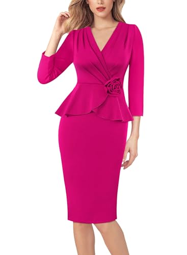 VFSHOW Womens 2024 Business Church Vintage Retro 50s 1950s Dresses Peplum Faux Wrap V Neck Work Office Pencil Sheath Bodycon Dress (Hot Pink, Medium) 11351 HPIK M