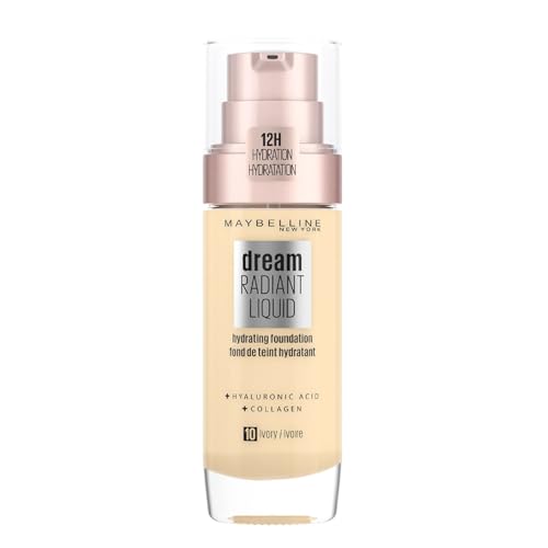 Maybelline New York Dream Radiant Liquid Tono 10 Ivory Base De Maquillaje Hidratante Con Ácido Hialurónico Y Cólageno, Para Pieles De Tono Claro - 30Ml