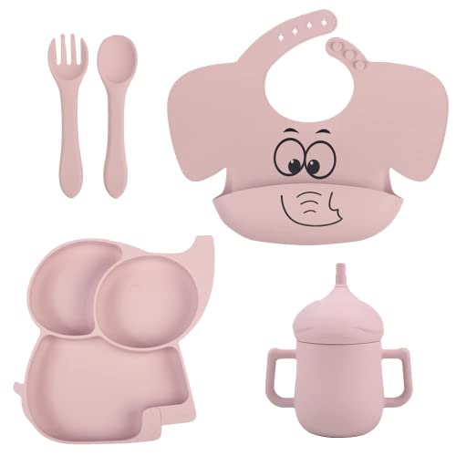 5-Piece Silicone Baby Feeding Tableware Set, Silicone Divided Plates With Suction, Adjustable Silicone Bib, Straw Sippy Cup With Lid, Fork And Spoon, Toddler Self Feeding Eating Supplies Set (Pink) #TOP17