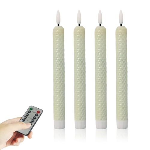 Image of Beeswax Honeycomb Flameless LED Taper Candles, 9.5 Inch Flickering Wax Candles with Remote & Timer, White Battery Operated Dripless Tapered Candle for Home Wedding Decor, 4 Pack