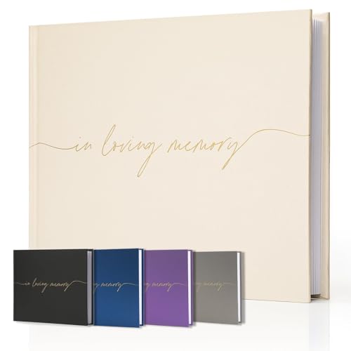 Image of Funeral Guest Book for Memorial Service, in Loving Memory 9x7.5 | 320 Entries, Table Sign Card Included, Gold Stamping, Twill-Textured Paper Cover, Celebration of Life Keepsake, Beige