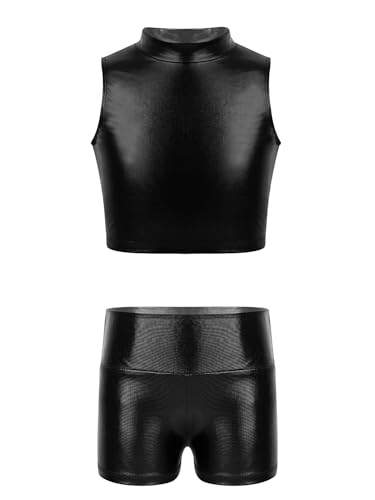 Kids Girls 2pcs Shiny Metallic Gymnastics Dance Tracksuit Sleeveless Mock Neck Crop Top Vest And Boy Shorts Set Black 10 Years