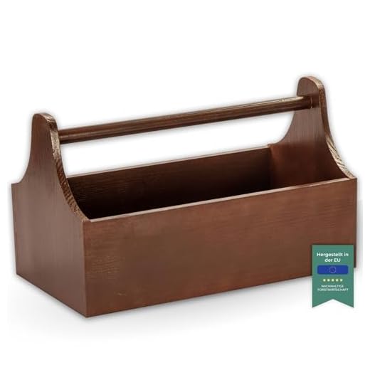 LAUBLUST Große Werkzeugkiste mit Griff - 34 x 18 x 20 cm, Braun, FSC® | Aufbewahrungs-Kiste aus Holz | Geschenkverpackung | Blumen-Kasten | Dekobox | Bastel-Kasten | Spielzeugtrage | Flaschen-Korb