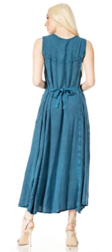 Image of Sakkas Maya Floral Embroidered Sleeveless Button Up Rayon Dress