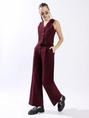 Image of High Star Women Solid Regular length Tailored Fit V neck Sleeveless Waistcoat and Wide leg Trouser Co-ord Set