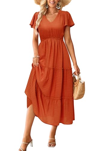 Image of VOTEPRETTY Women's 2026 Summer Boho Maxi Dresses Flutter Short Sleeve V Neck Casual Beach Wedding Guest Vacation Long Dress