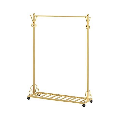 Perchero horizontal multifuncional con 4 ruedas, colgador de ropa de metal independiente para el hogar y la tienda de ropa, elegante acabado dorado, 100 cm de altura
