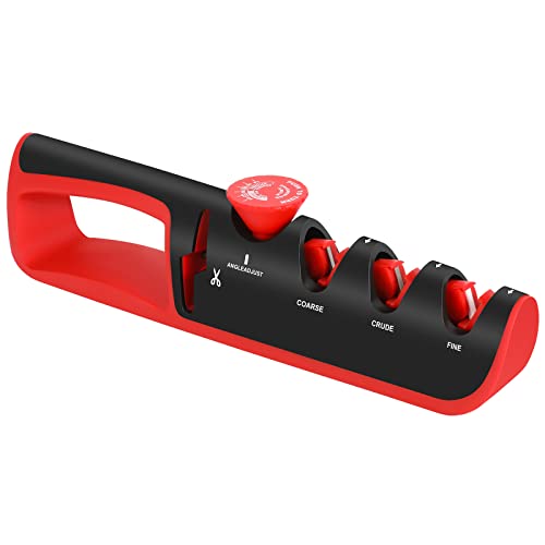 Hanmir Afilador de cuchillos manual 4 en 1, afilador de cuchillos ajustable, acero de tungsteno para afilado grueso, diamante para corte medio fino y cerámica especial para afilado fino