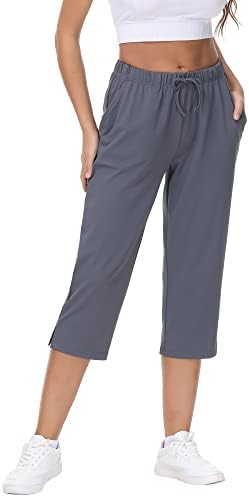 COZZIPLUS Crop Pant for Women with Pockets-Women Quick Dry Drawstring Yoga Capri Sweatpant-Women Cropped Ankle Sweat Summer Pant (Grey, L)