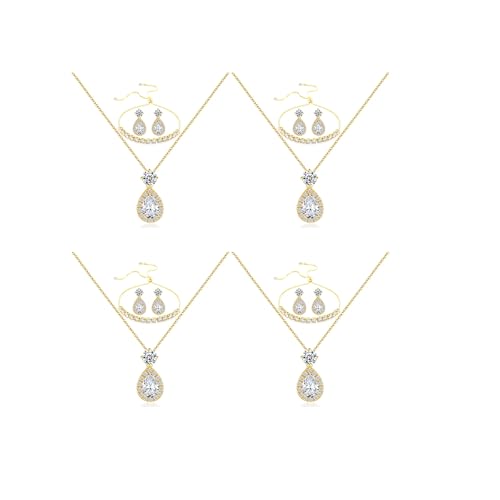 secrezone Elegant Plated GoldTeardrop Zircon Earrings Necklace Bracelet Jewlery Sets of 4 for Bridesmaids Sparkling Cubic Zirconia Jewelry Wedding Gift