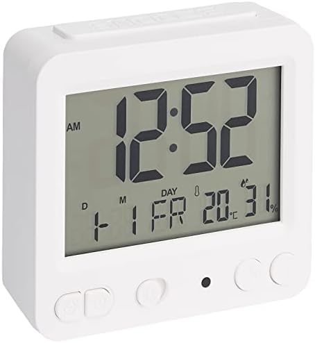 Amazon Basics Tabletop Digital Alarm Clock with Light, Temperature and Date Display, Square - White