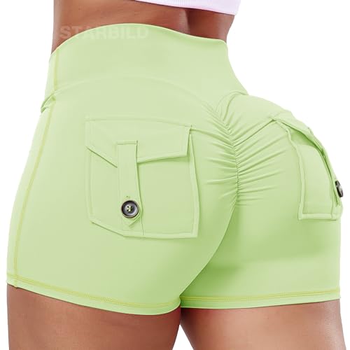 STARBILD Shorts Deportivo Cargo Push Up Mujer, Leggings Corto Cintura Alta Scrunch Butt con Bolsillos pour Gym Fitness Yoga, Cargo - Verde M