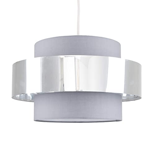MiniSun Modern Cylinder Ceiling Pendant Light Shade in a Grey & Chrome Effect Finish