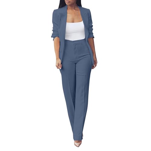 Conjunto de Traje Talla Grande, Trajes de 2 Piezas para Mujer Elegante, Blazer y Pantalones Corte Ajustado Chaqueta de Manga Larga con Bolsillos Deportivo Color Sólido Trabajo Oficina